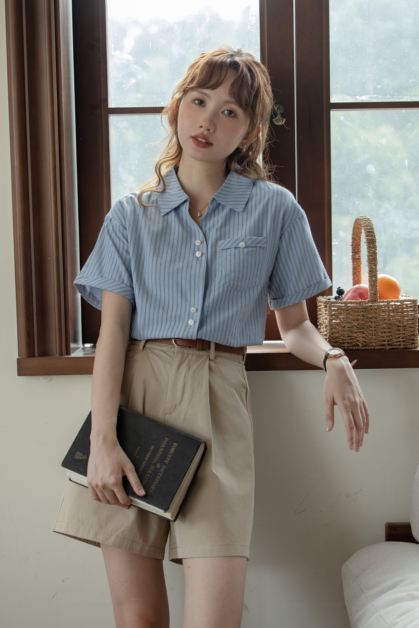 Blue Striped Short Sleeve Button-Up Shirt - Masion Chérie