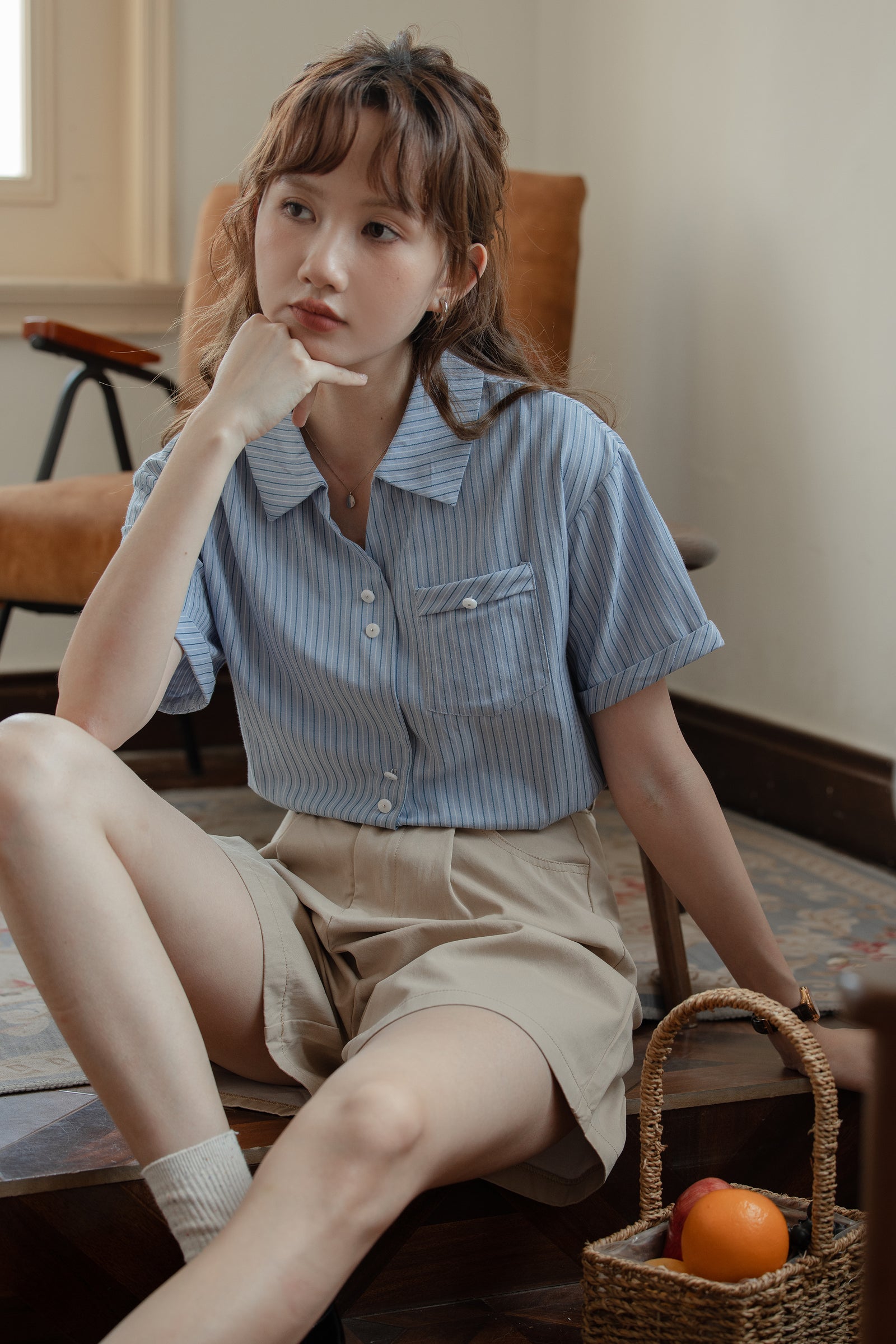 Blue Striped Short Sleeve Button-Up Shirt - Masion Chérie