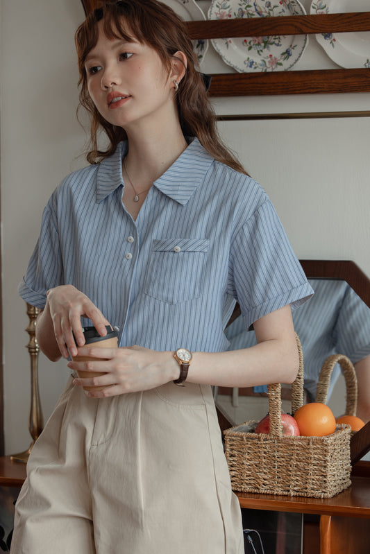 Blue Striped Short Sleeve Button-Up Shirt - Masion Chérie