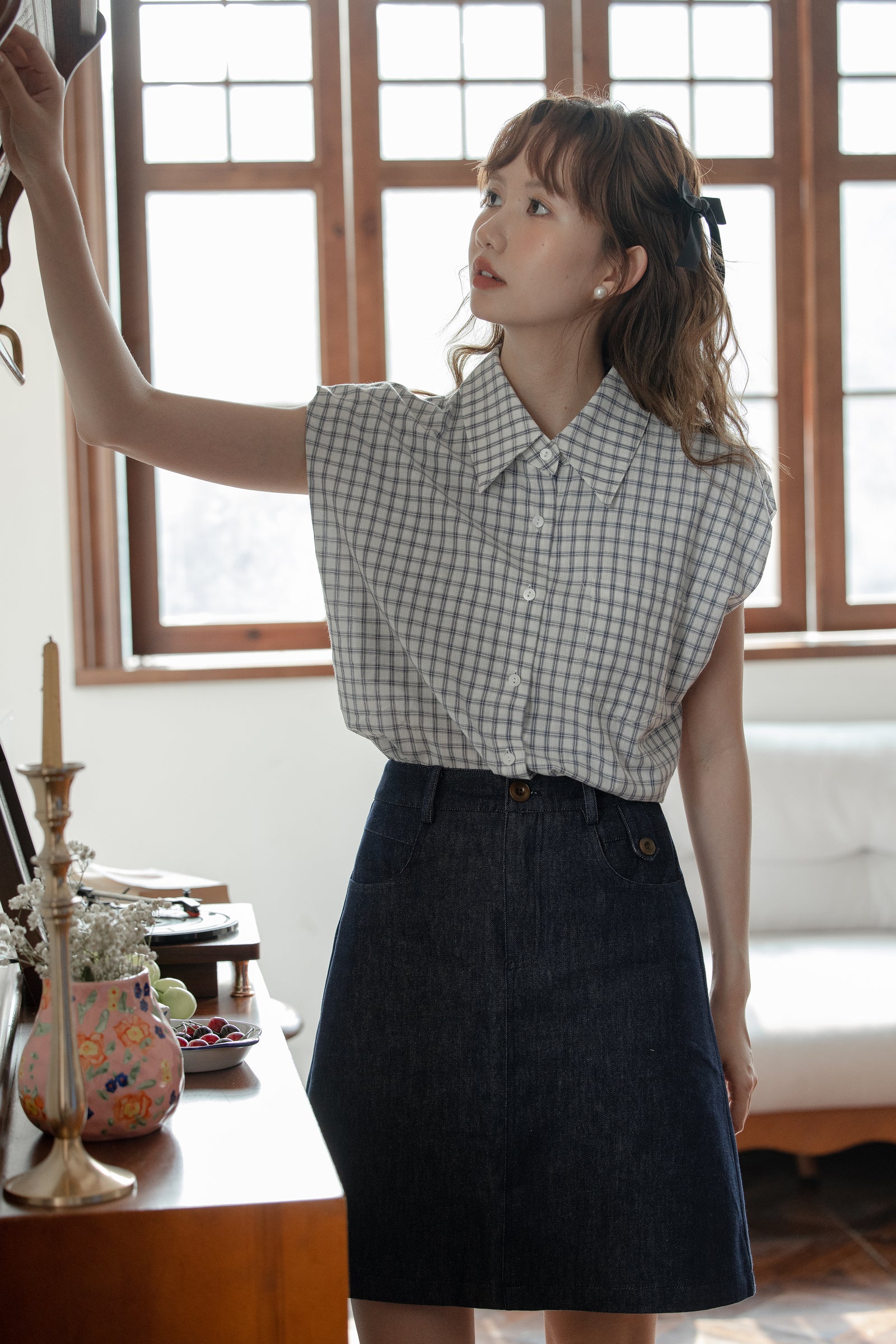 Vintage Plaid Sleeveless Button-Down Blouse - Masion Chérie