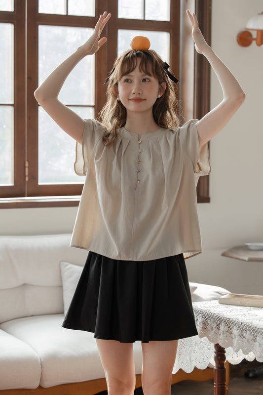 Elegant Beige Button-Front Ruffle Sleeve Blouse - Masion Chérie