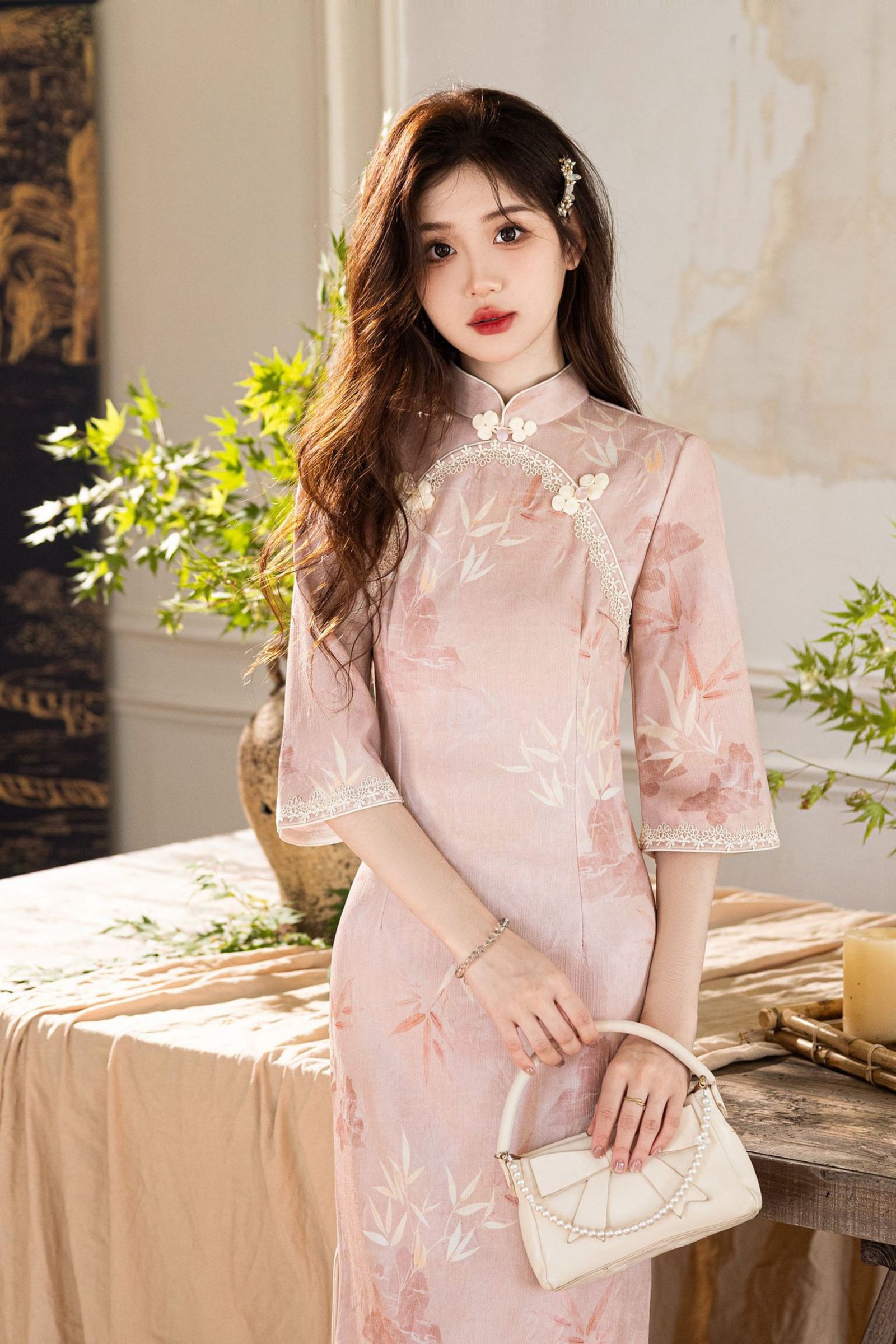 Opulent Blush Pink Jacquard Floral Cheongsam Dress