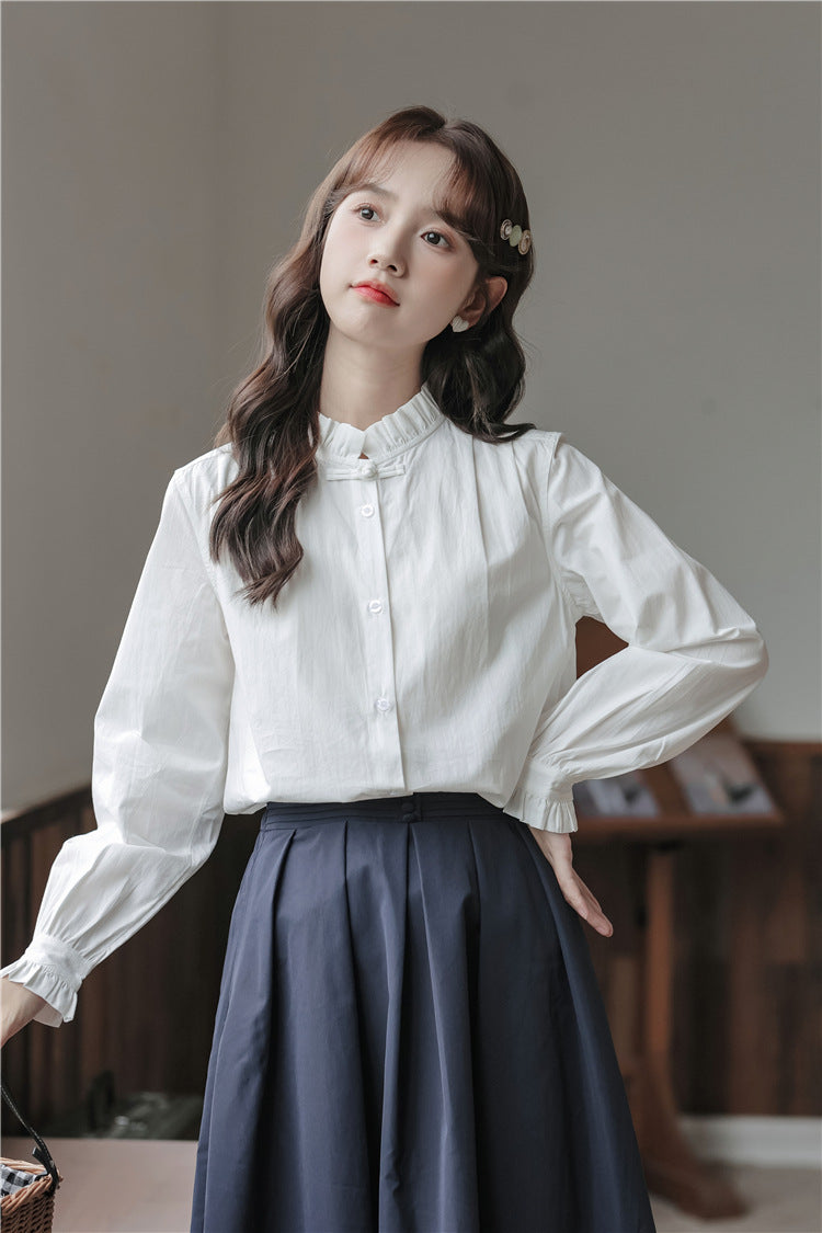 Charming White Ruffled Collar Button-Down Blouse