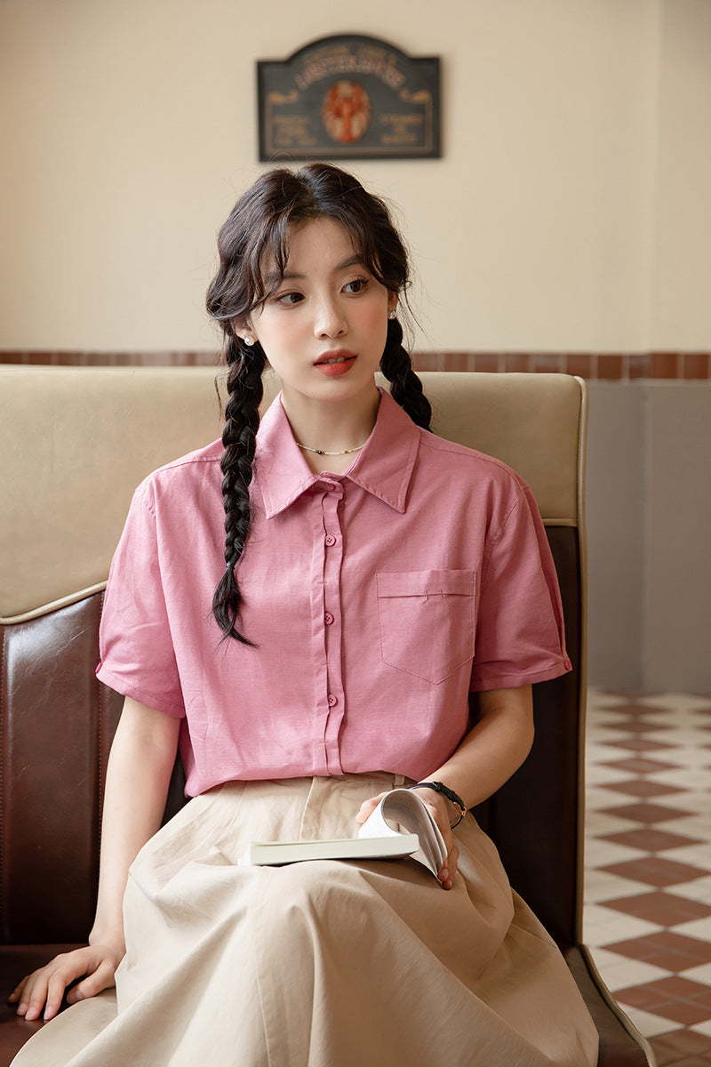 Vintage Pink Short Sleeve Button-Down Shirt - Masion Chérie