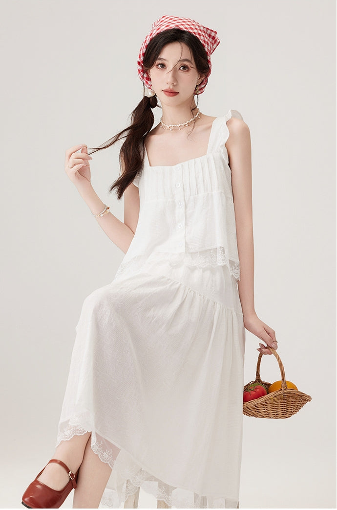 White Ruffled Tiered Midi Skirt Set