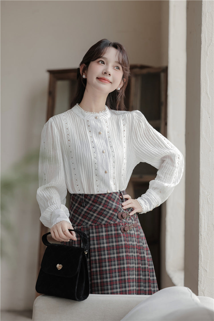 Elegant White Embroidered Pintuck Blouse