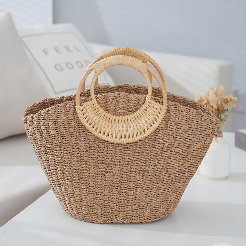 Rattan Handle Straw Tote Bag Vacation Beach Tote Bag - Masion Chérie