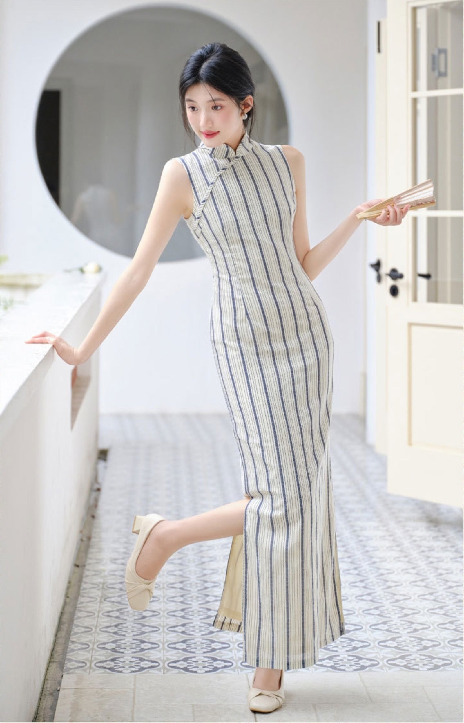 Vintage Striped Sleeveless Cheongsam Dress