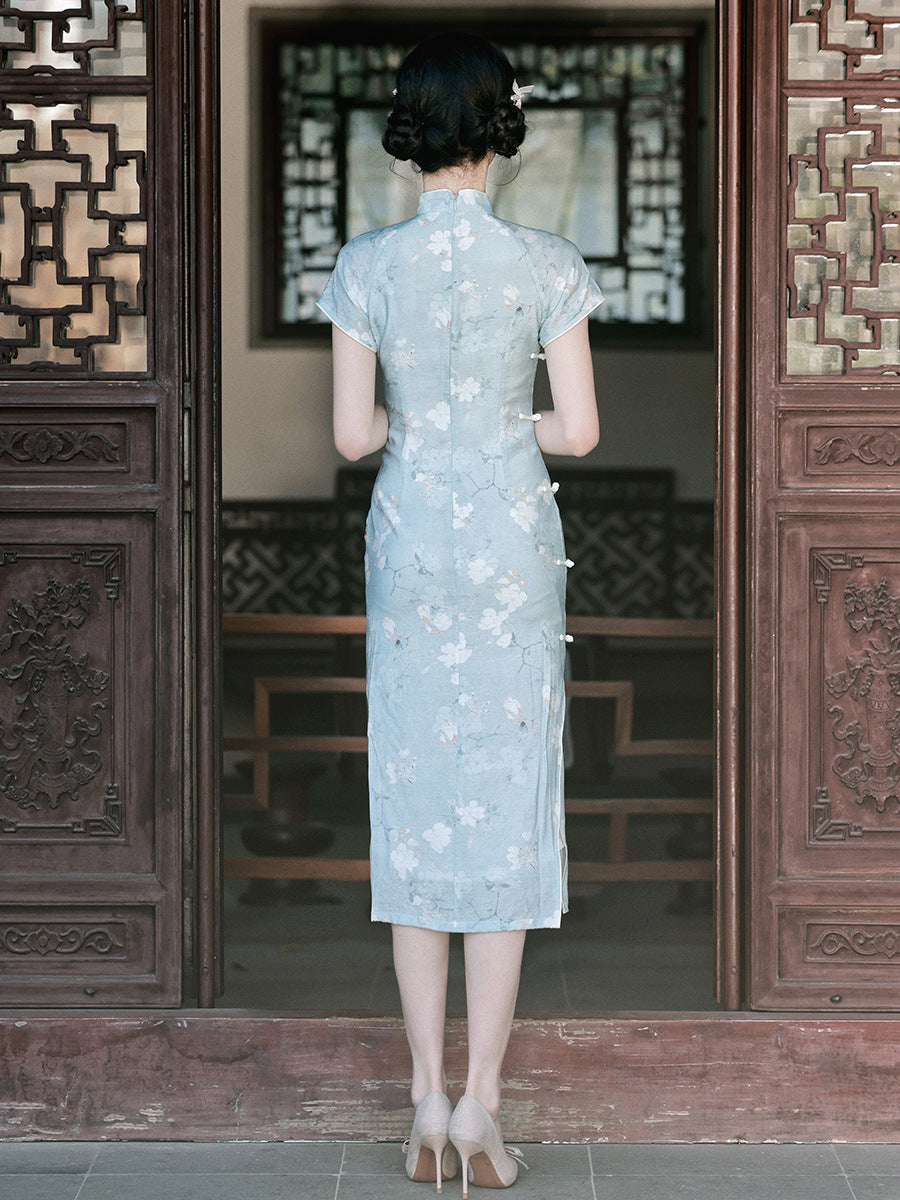 Elegant Blue Floral Print Cheongsam Dress - Masion Chérie