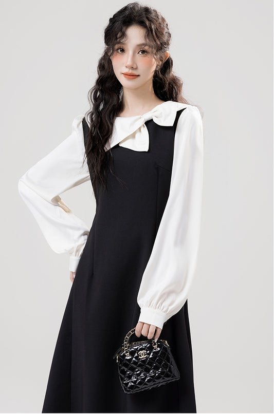 Classic Black Pinafore Layered Look Midi Dress