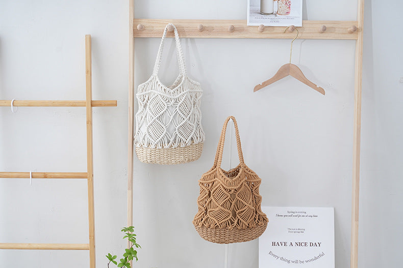 Cotton Rope Paper Woven Colour-Block Hollow Vacation Shoulder Bag - Masion Chérie