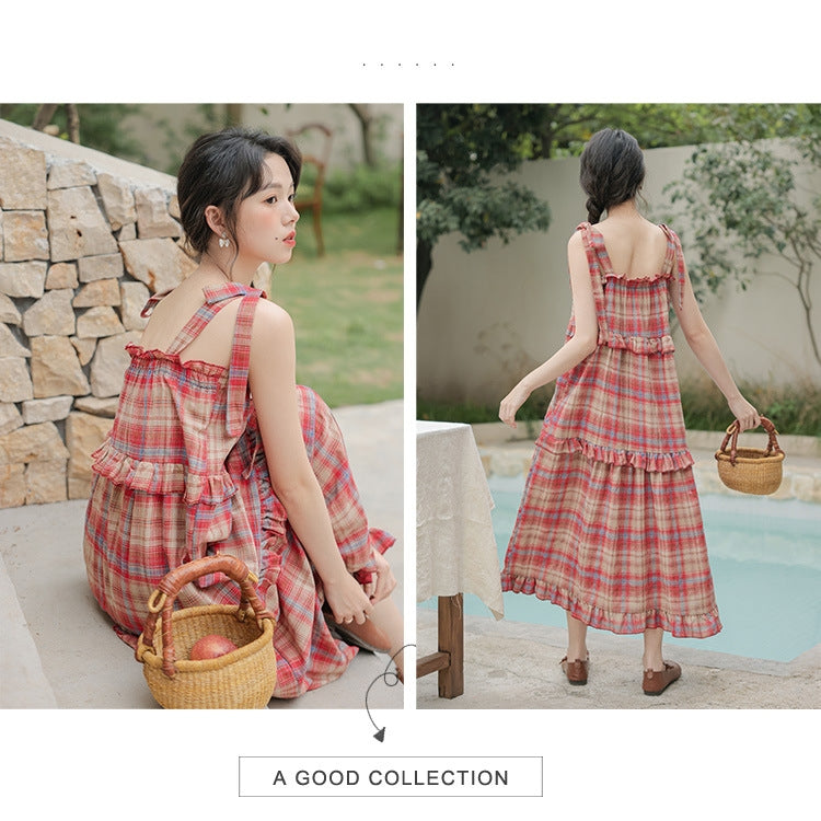 Vintage Red Plaid Ruffle Hem Maxi Dress - Masion Chérie