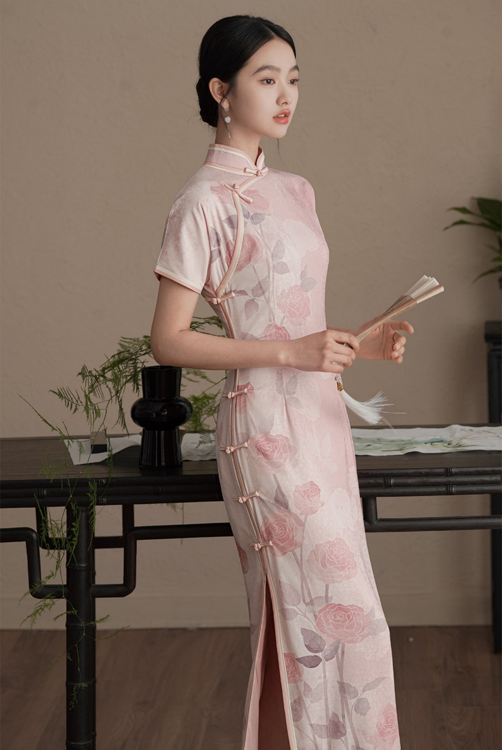 Blush Pink Rose Print Jacquard Cheongsam Dress