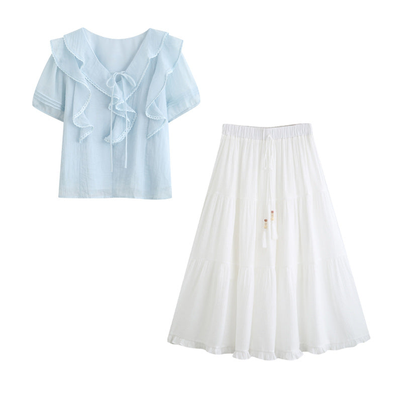 Charming Ruffled Blue Blouse & White Tiered Skirt Set - Masion Chérie