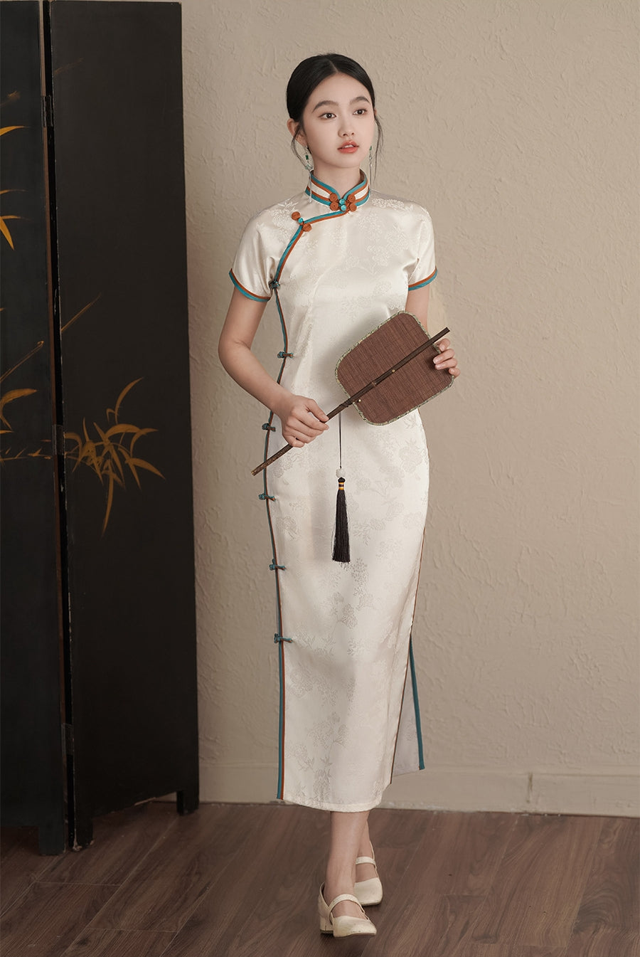 Ivory Woven Jacquard Cheongsam Dress