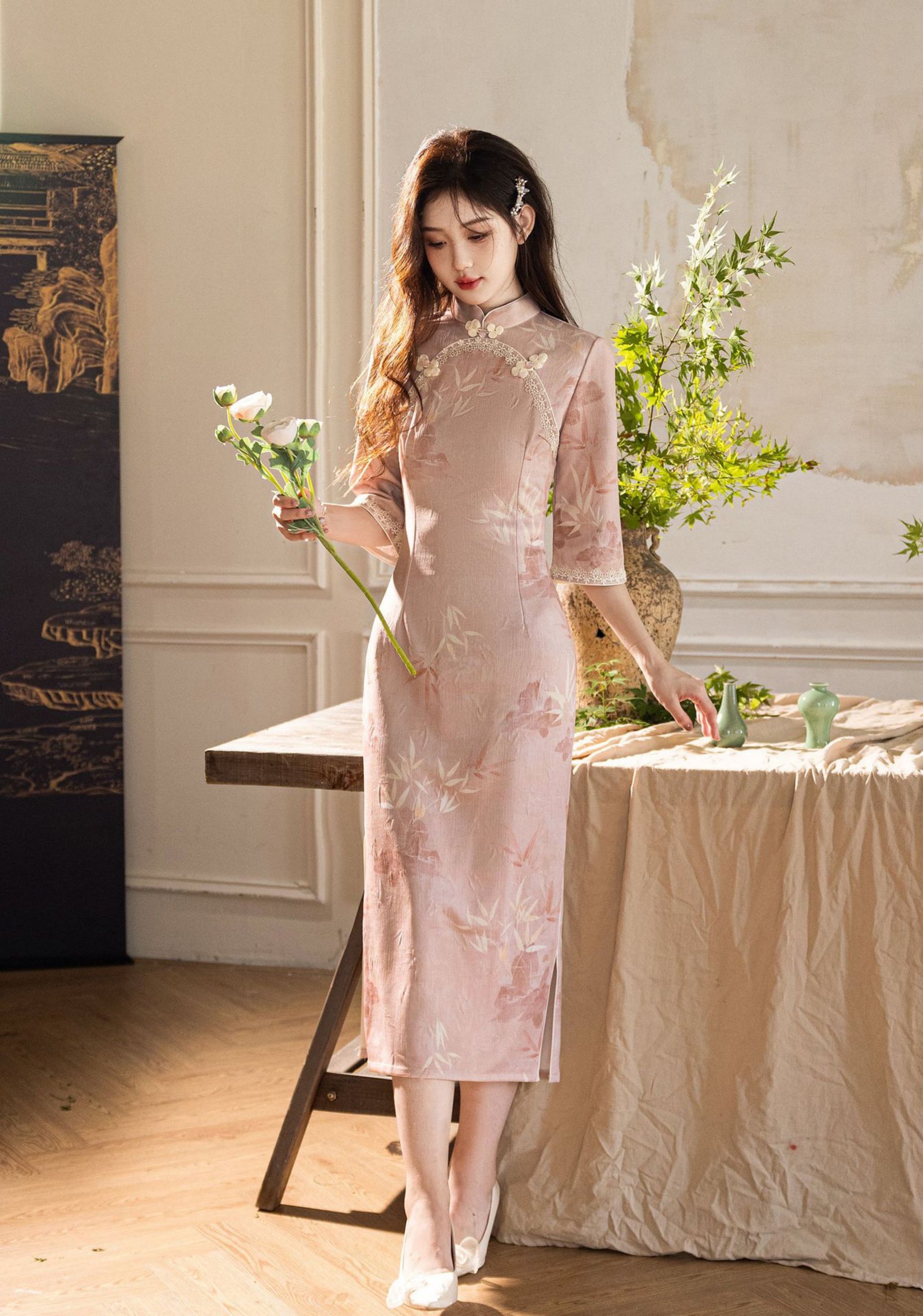 Opulent Blush Pink Jacquard Floral Cheongsam Dress