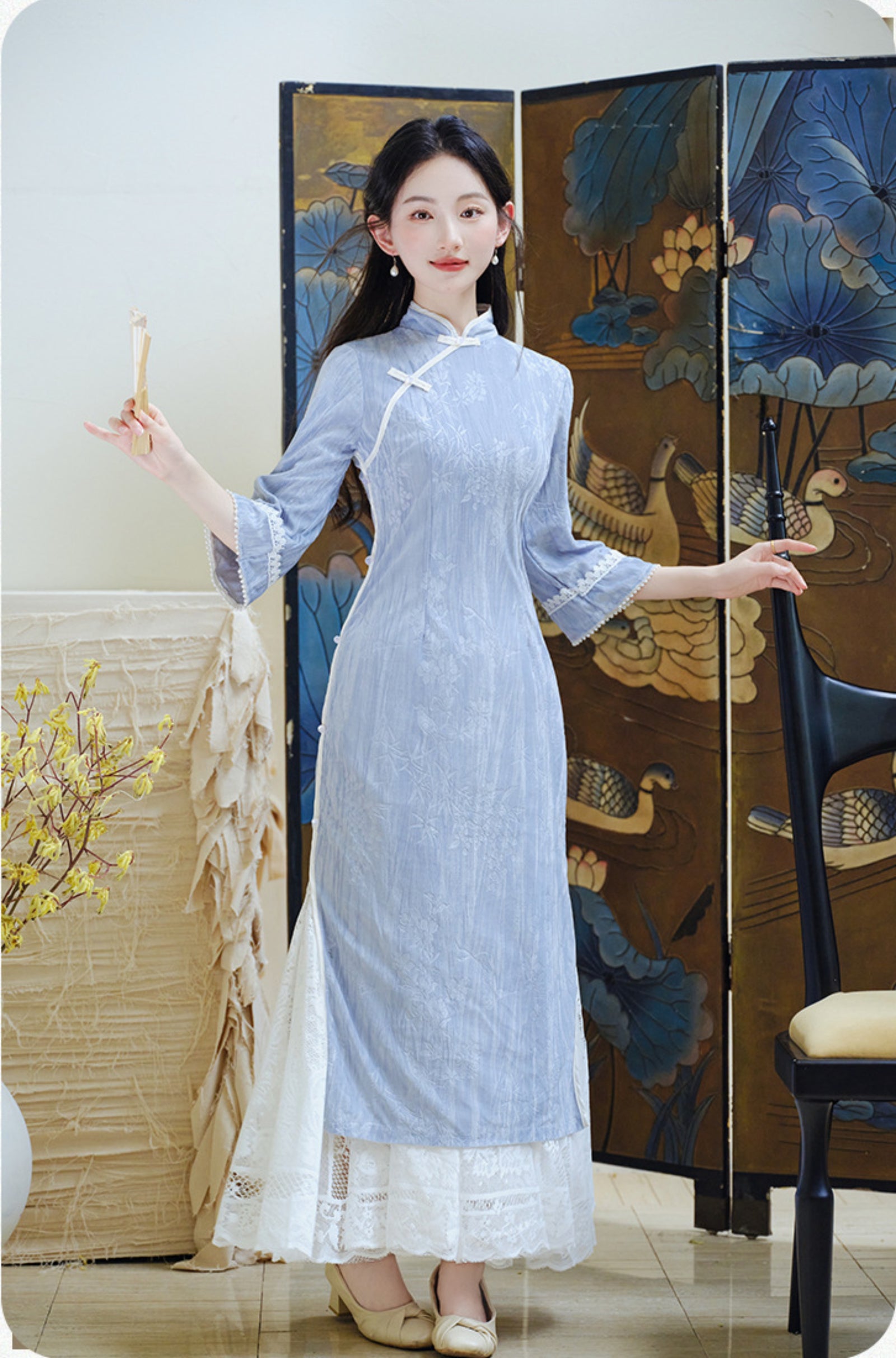 Elegant Blue Long Sleeve Modified Cheongsam Dress