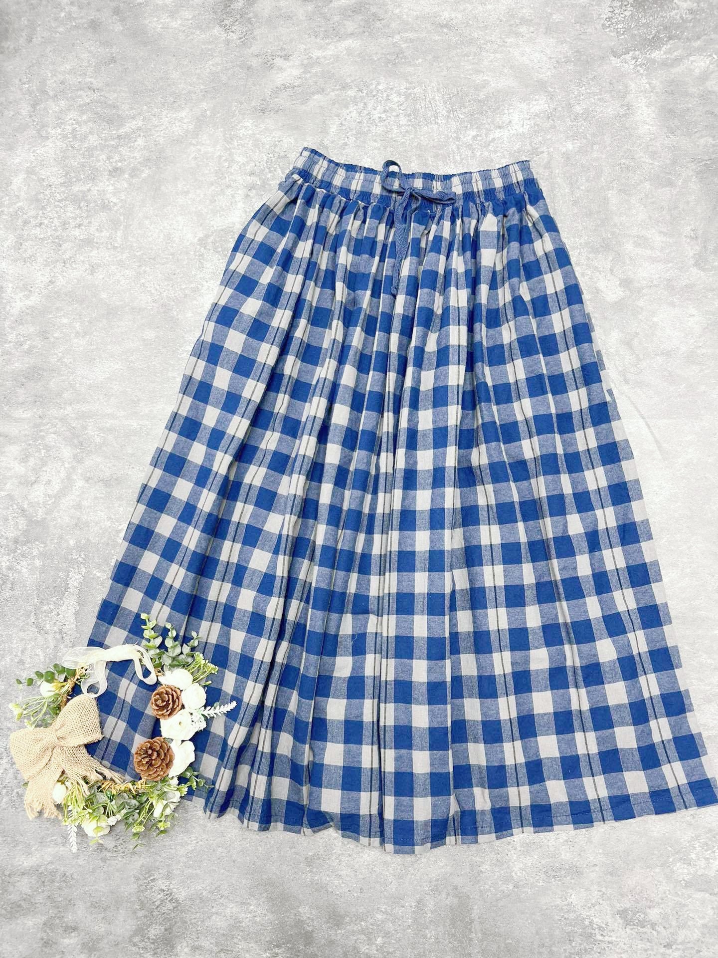 Blue and White Gingham A-Line Midi Skirt - Masion Chérie