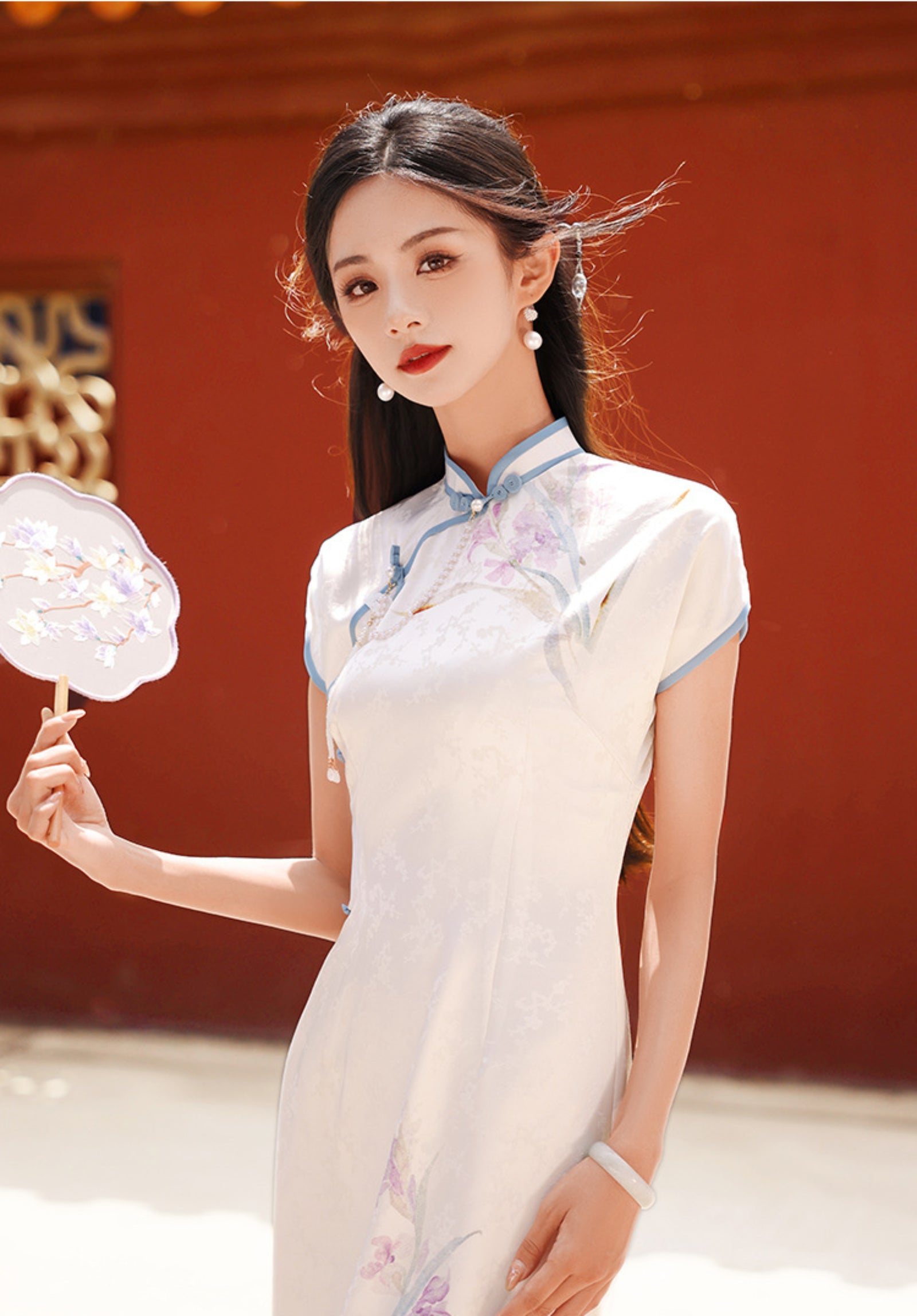 Ivory Blue Trim Tencel Floral Cheongsam Dress