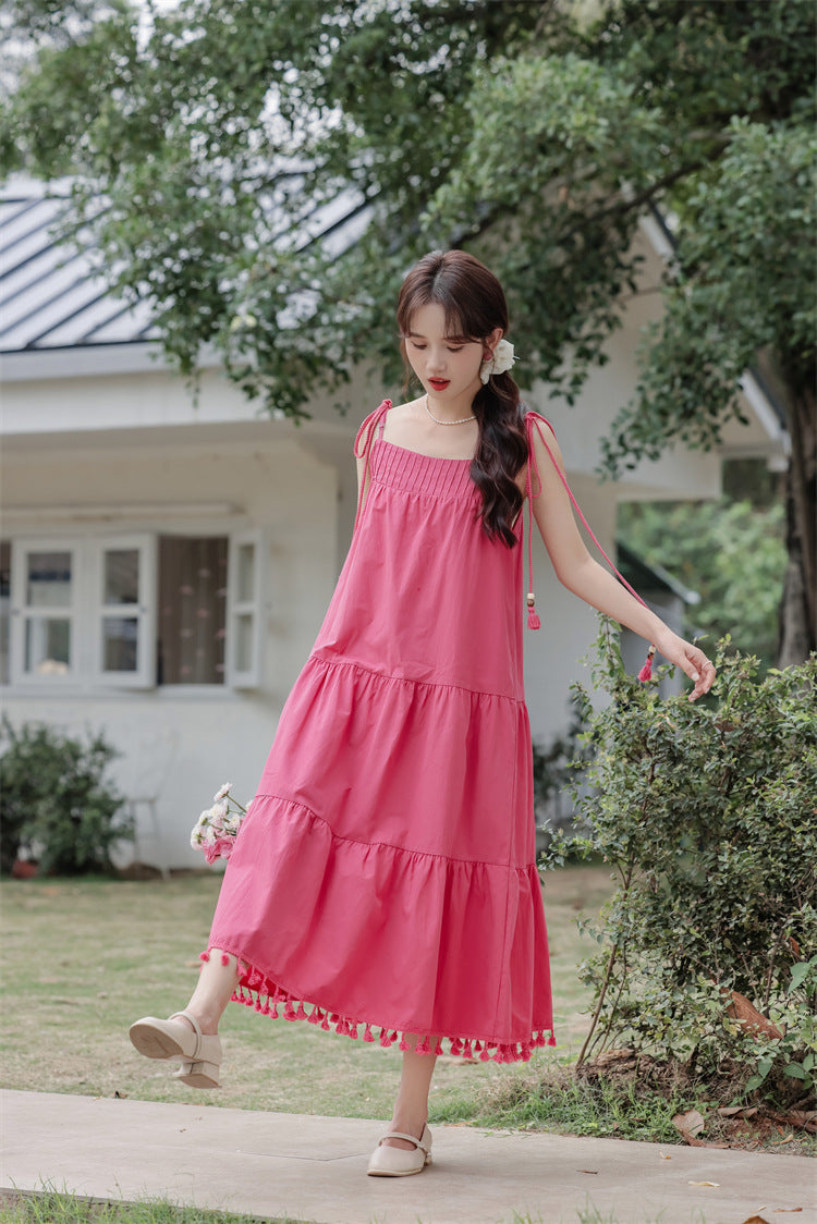 Tassel-Trimmed Tiered Spaghetti Strap Sundress - Masion Chérie