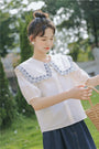 White Embroidered Peter Pan Collar Button-Down Blouse - Masion Chérie