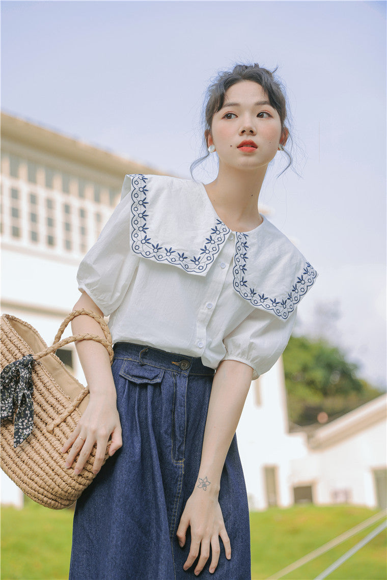 White Embroidered Peter Pan Collar Button-Down Blouse - Masion Chérie