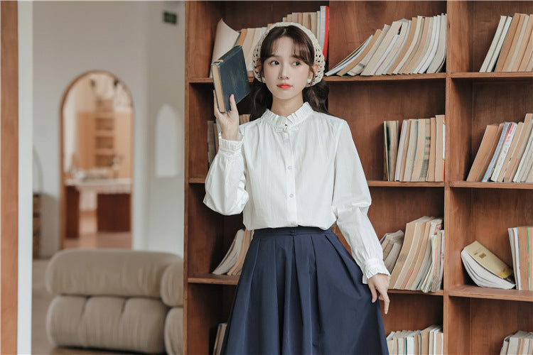 Charming White Ruffled Collar Button-Down Blouse