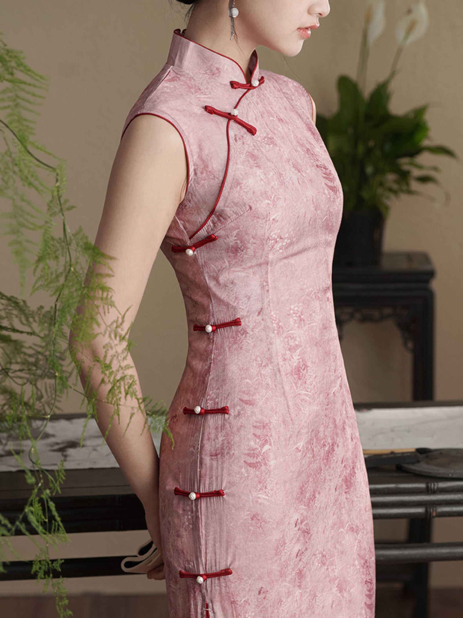 Rose Pink Silk-Blend Tencel Cheongsam Dress