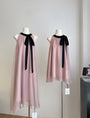 Elegant Pink Halter Neck Midi Dress with Black Bow Accent - Masion Chérie