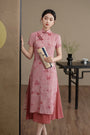 Graceful Watermelon Red Floral Silk Linen Layered Cheongsam Dress