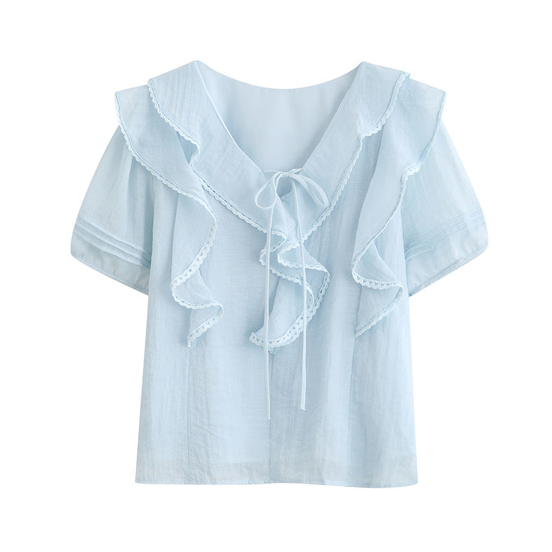 Charming Ruffled Blue Blouse & White Tiered Skirt Set - Masion Chérie