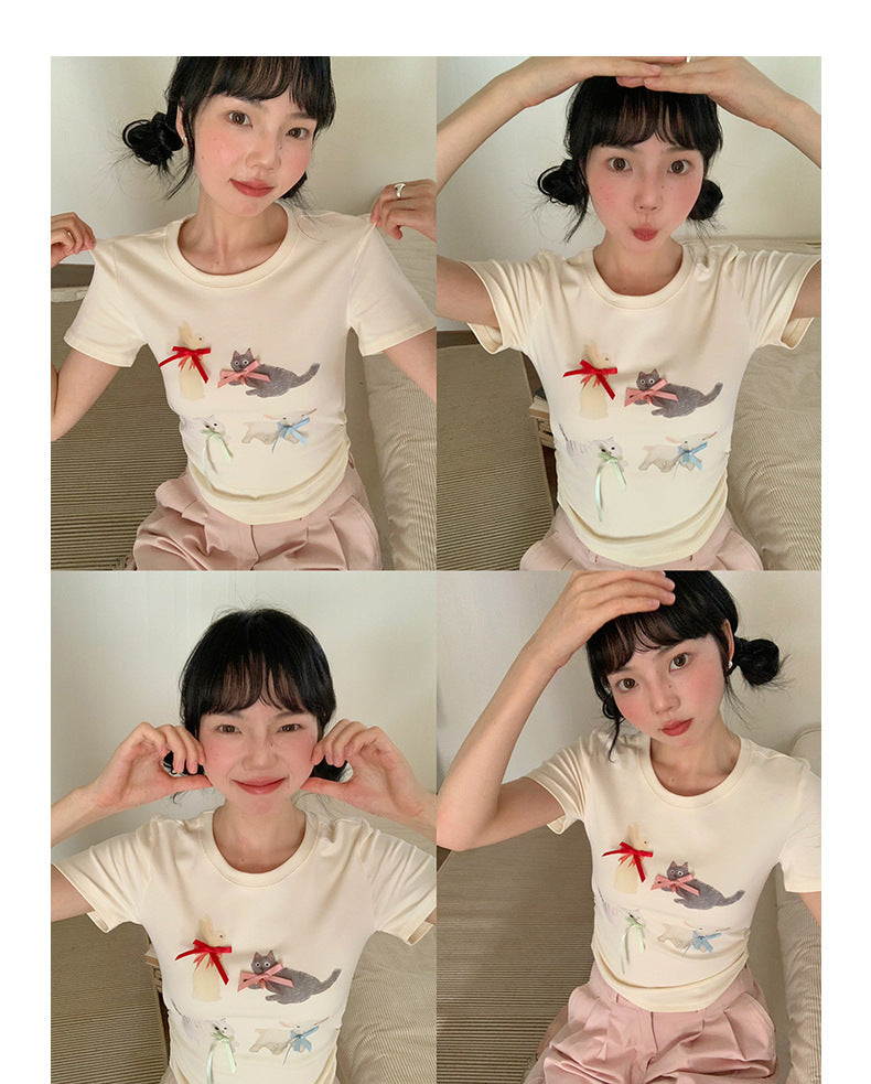 Short Sleeve Bow Print T-Shirt - Masion Chérie