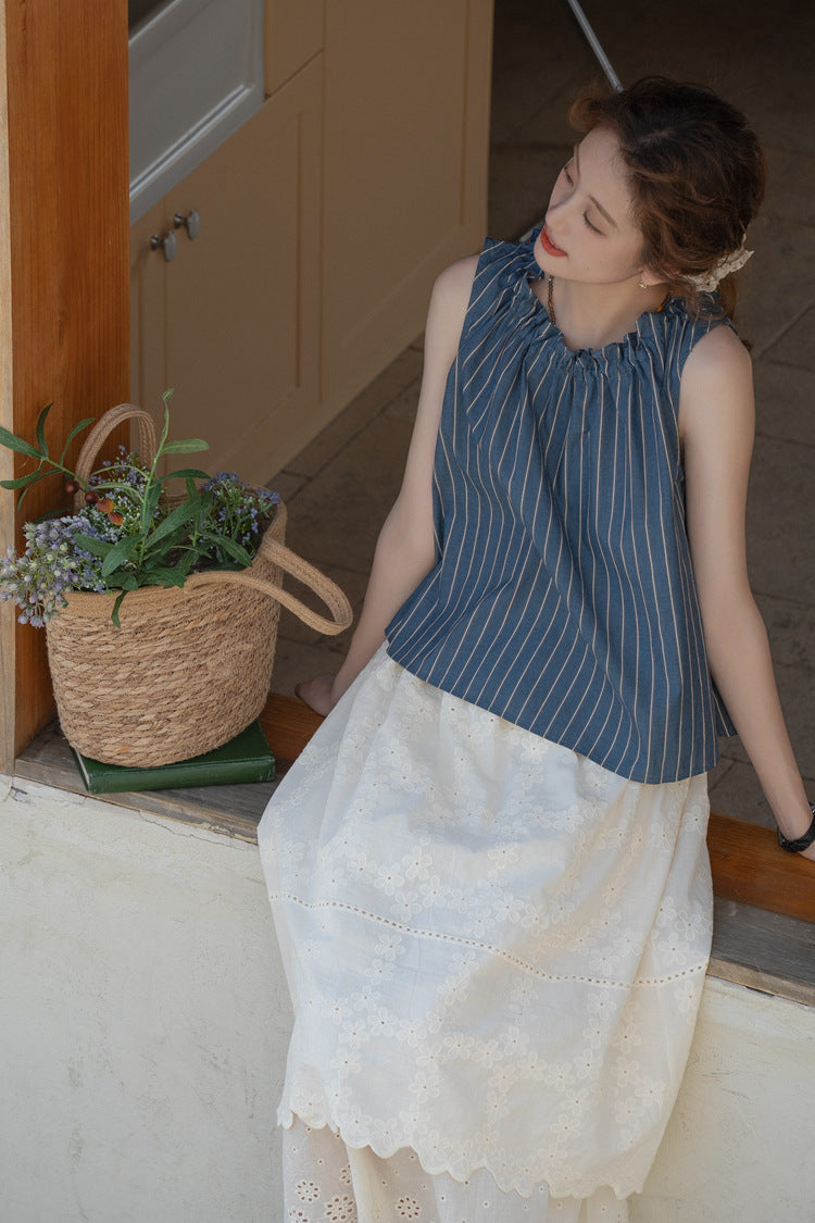 Striped Gathered Neck Sleeveless Top - Masion Chérie