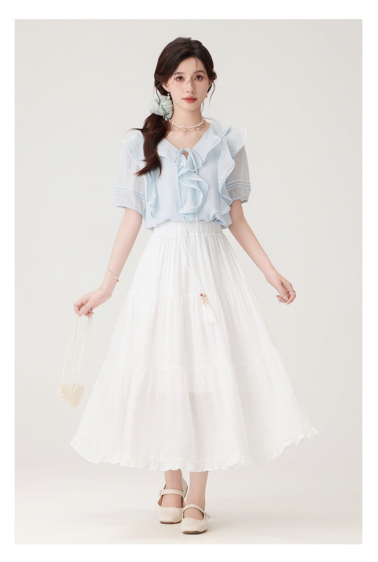 Charming Ruffled Blue Blouse & White Tiered Skirt Set - Masion Chérie