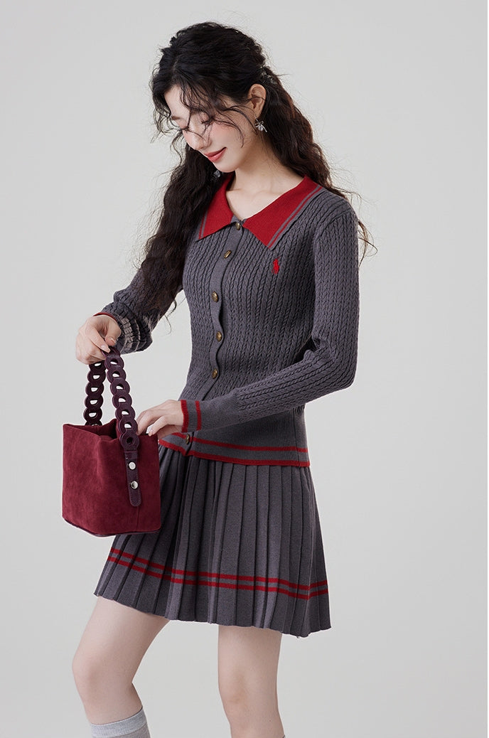 Contrast Color Cable Knit Top and Pleated Mini Skirt Set