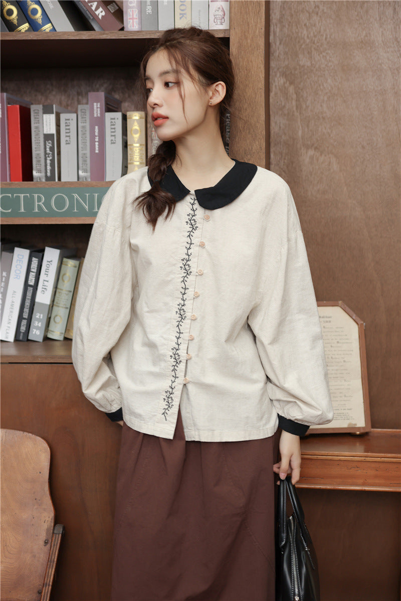 Chic Embroidered Button-Down Linen Blouse