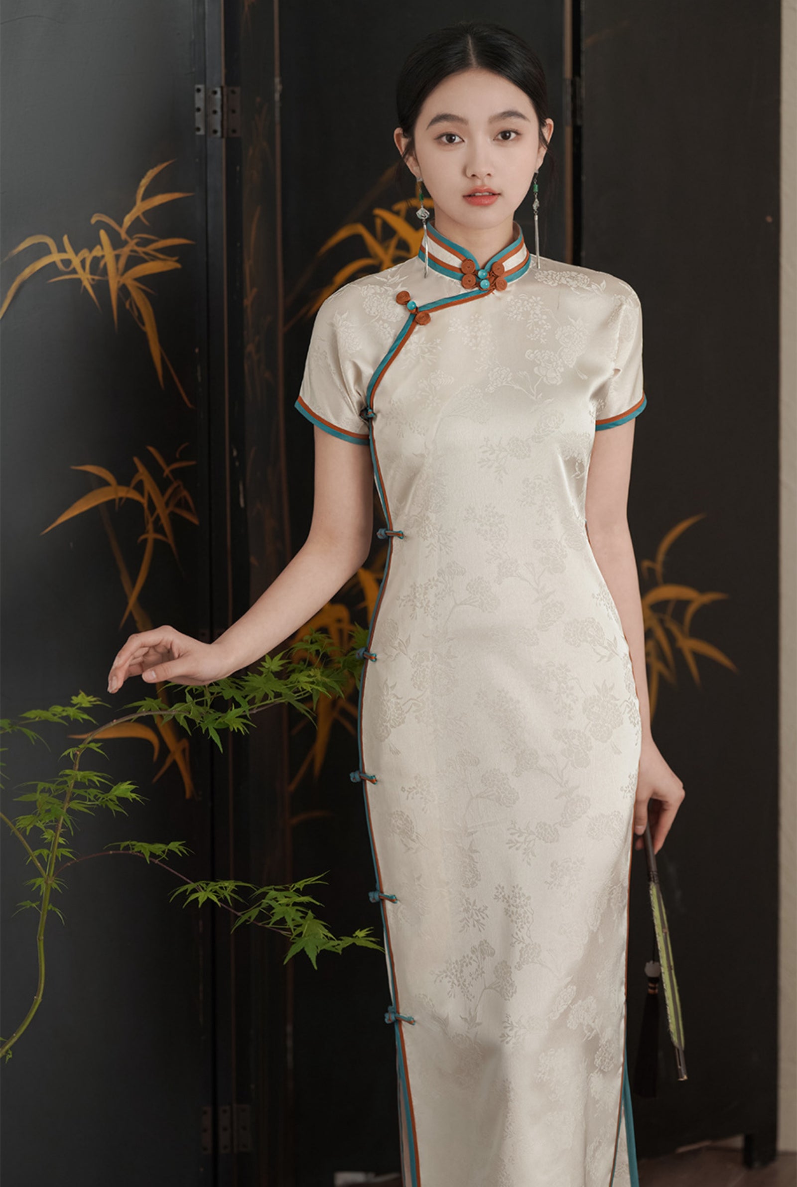 Ivory Woven Jacquard Cheongsam Dress