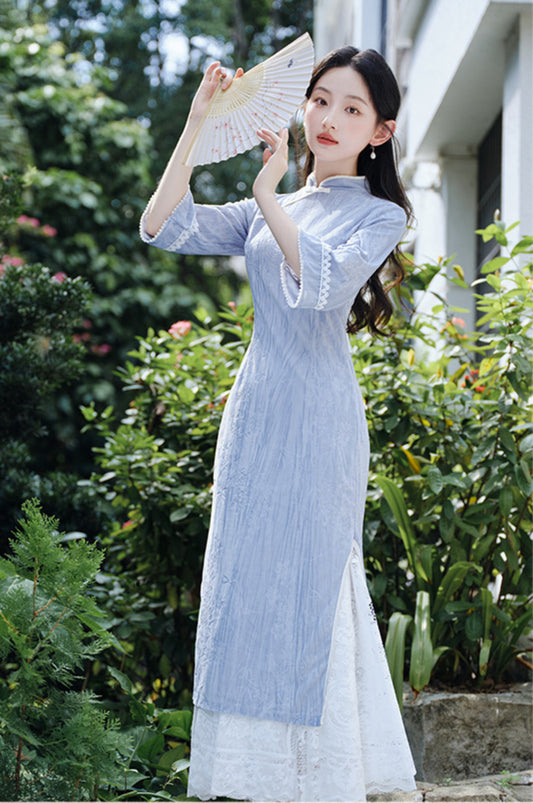 Elegant Blue Long Sleeve Modified Cheongsam Dress