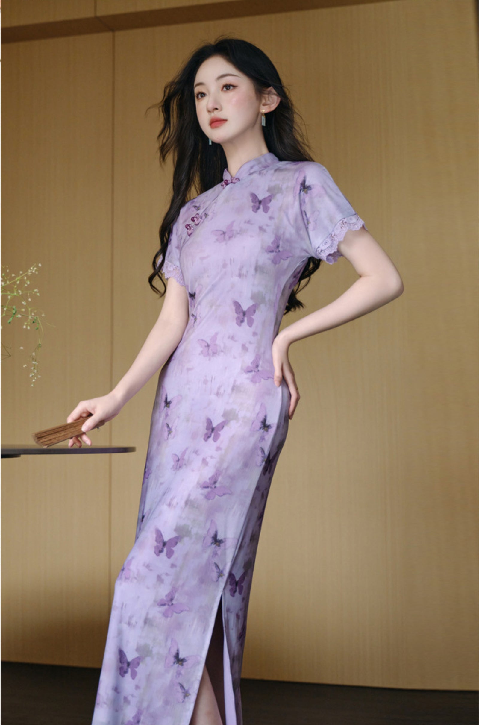 Butterfly Print Violet Cheongsam Dress