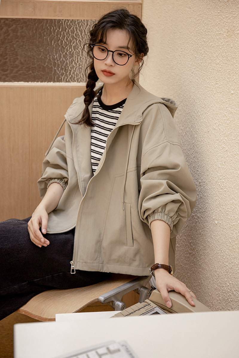 Khaki Casual Hooded Zip-Up Jacket