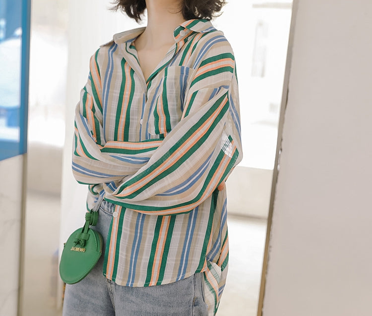 Vibrant Striped Button-Up Long Sleeve Blouse - Masion Chérie