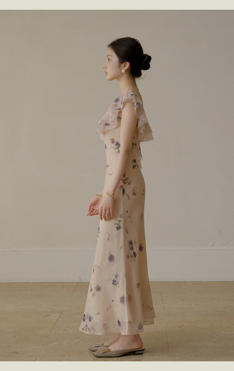 Elegant Ruffled Floral Chiffon Maxi Dress - Masion Chérie