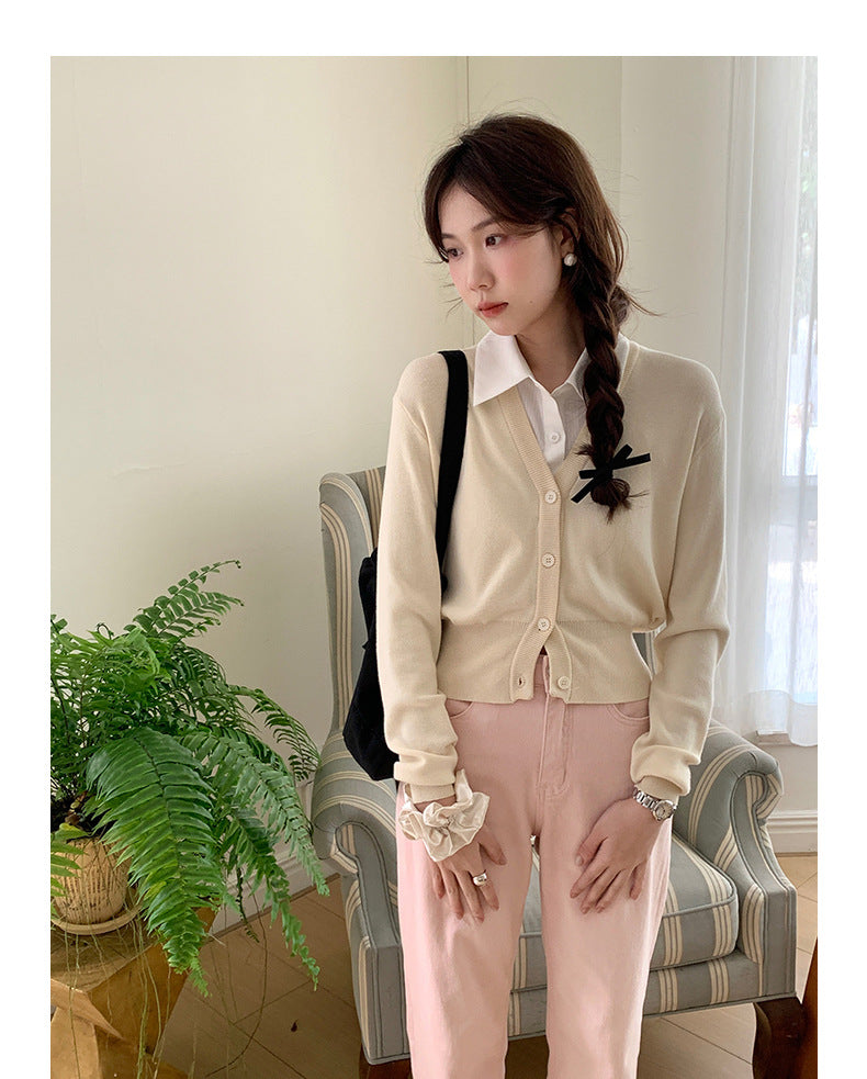 Korean-Style Polo Collar Knit Cardigan Top - Masion Chérie