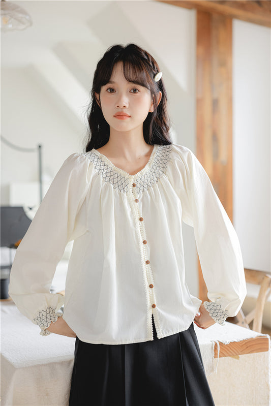 Smocked Yoke Button-Down Long Sleeve Blouse