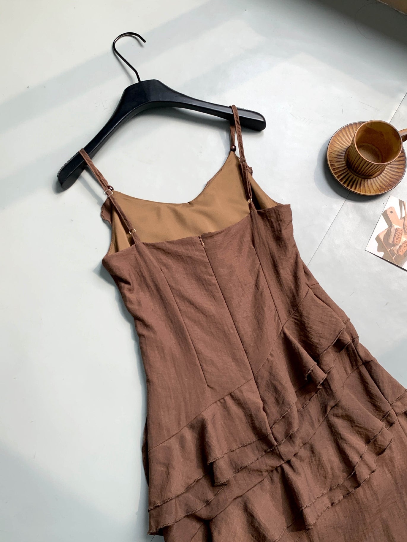 Chic Asymmetrical Ruffle Brown Spaghetti Strap Dress - Masion Chérie