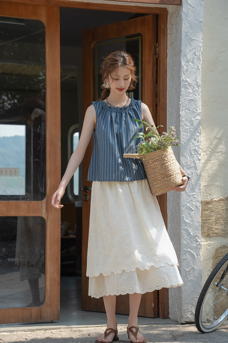 Striped Gathered Neck Sleeveless Top - Masion Chérie