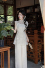 Elegant Ivory Floral Embroidered Cheongsam Three Piece Set