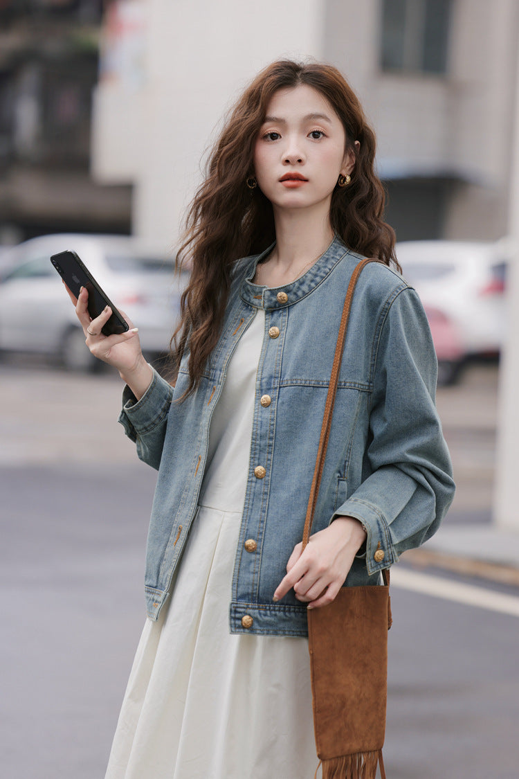 Vintage-Inspired Denim Button-Front Jacket