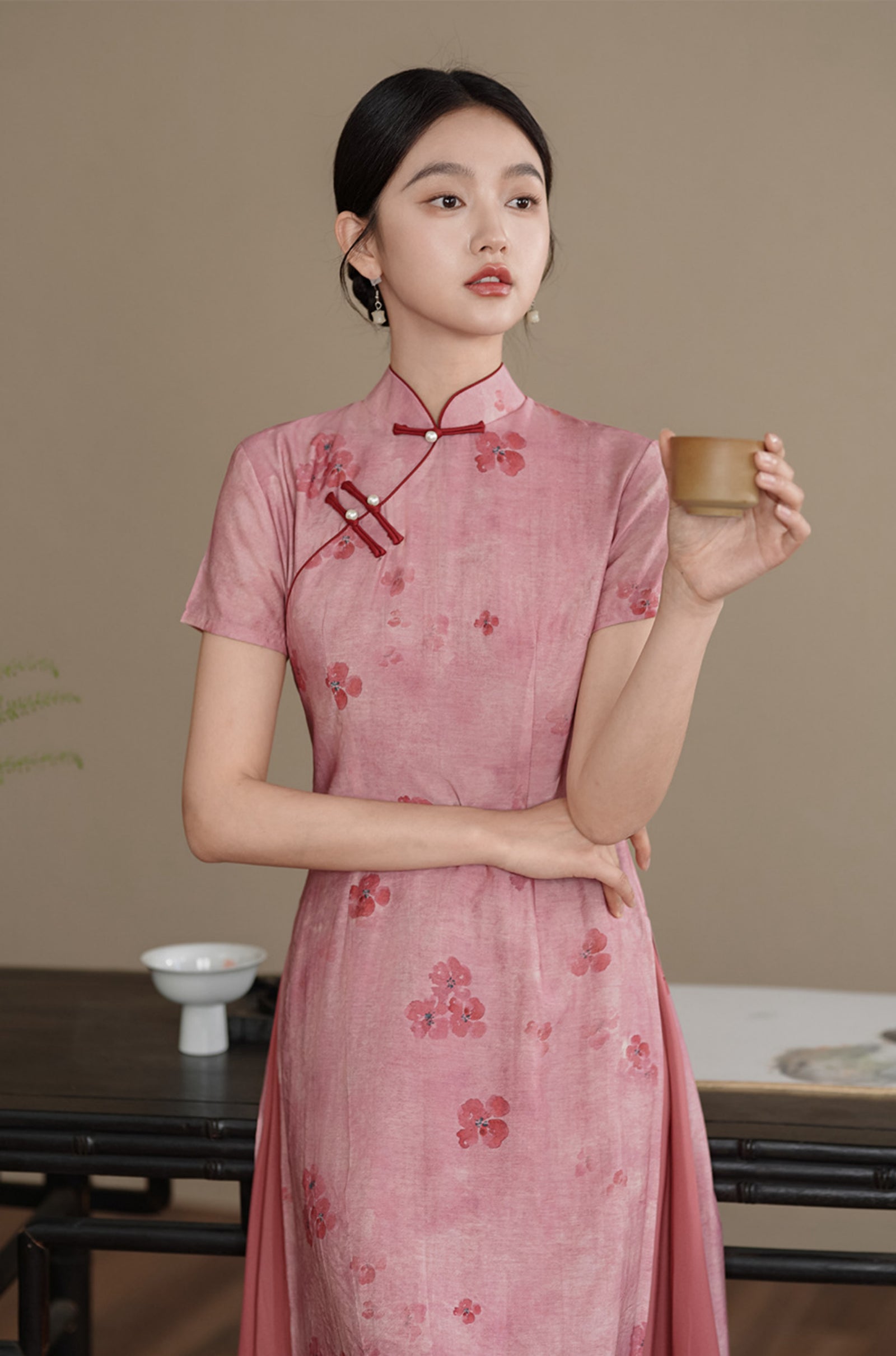 Graceful Watermelon Red Floral Silk Linen Layered Cheongsam Dress