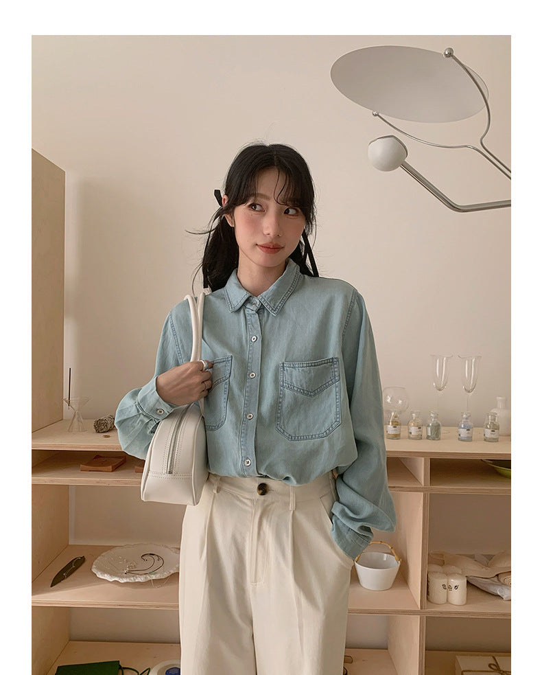 Sky Blue Casual Denim Shirt - Masion Chérie